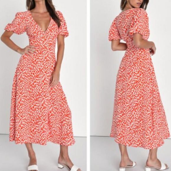 Lulus Orange Heart Print Puff Sleeve Dress Romantic Valentine's Day Style Size M - Picture 3 of 5